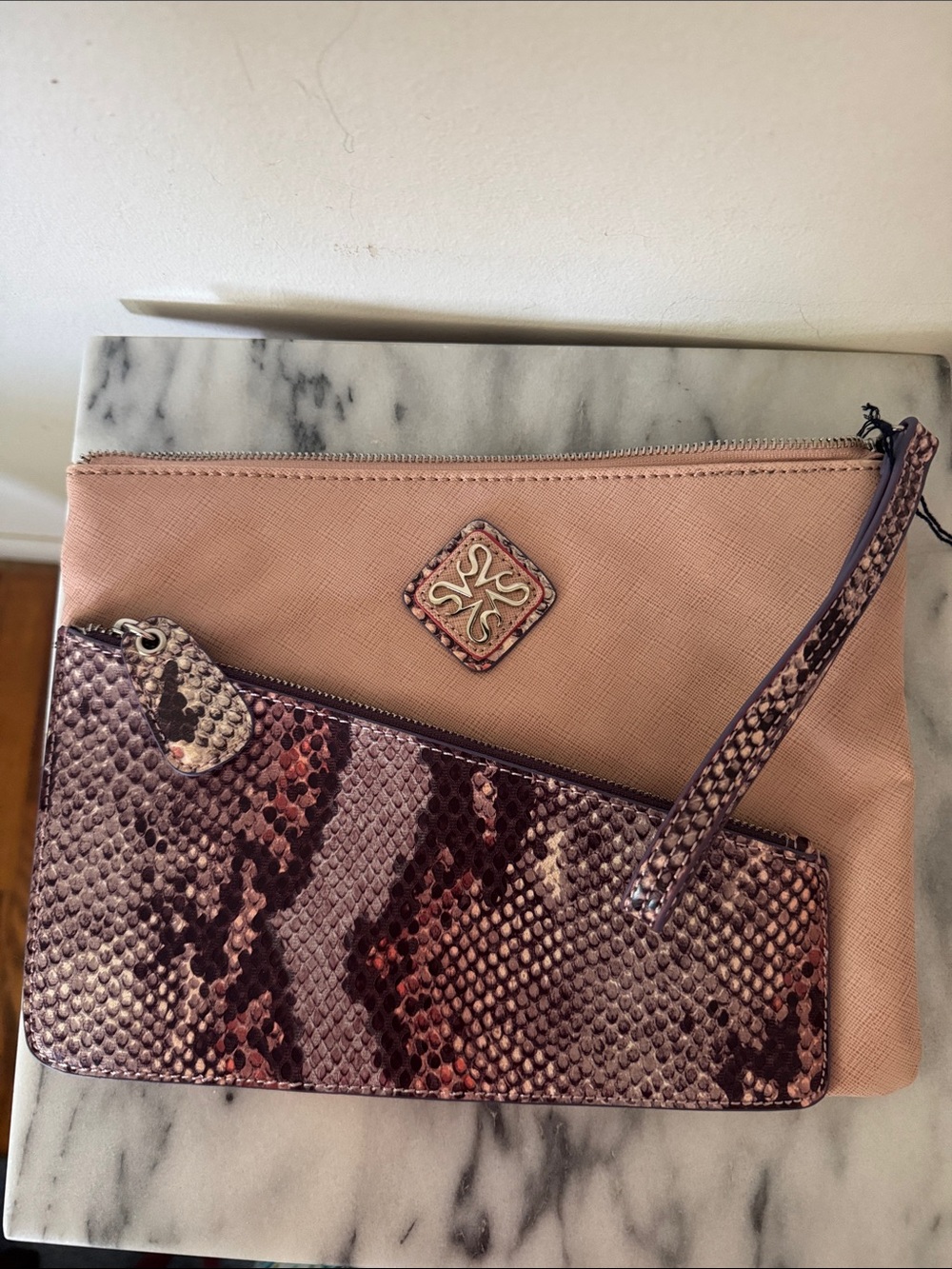 Simply Vera Wang Blush Pink Wristlet Set with Snake-Print Accent -NWOT